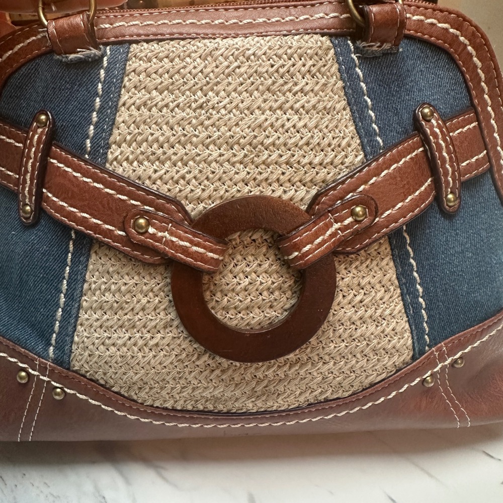 boc Small Handbag Shoulder Denim Faux Leather Woven Tan Western Boho - Picture 4 of 14